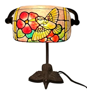 Vintage Tiny Tiffany Style Lamp Shade for Desk Hibiscus Hummingbird Bird Base - Picture 1 of 12