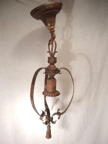 Antique METAL GOTHIC PENDANT LIGHT FIXTURE w/CANOPY c.Early 1900's  [B] Cover