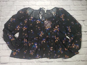 Ava & Viv Damen Übergröße 3X Langarm V-Ausschnitt Babydoll Bluse schwarz geblümt - Bild 1 von 6