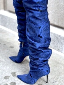 ZARA OVER-THE-KNEE BOOTS BLUE FABRIC HIGH HEEL BOOTS SHOES UK 3 EUR 36 NEW - Picture 1 of 15