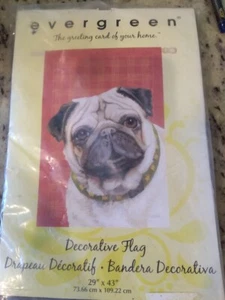 Evergreen Decorative House Flag = Dog Theme PUG with Red Background 29" x 43" - Picture 1 of 1