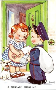A Message From Me GIRL~MAILMAN & DOG Artist~Dinah RAPHAEL TUCK Vintage Postcard - Picture 1 of 2