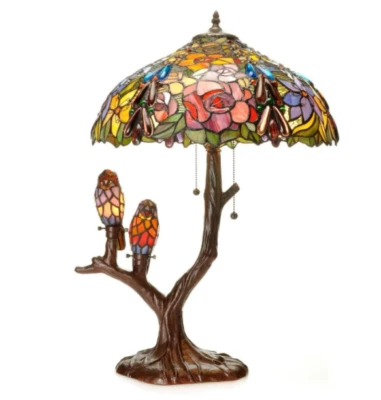 Lamp Tiffany Style Table Glass Stained Vintage Shade Light Bird Desk Accent Tree - Image 1 of 3