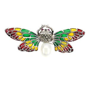 Verano 925 Broche de Plata Perla Rubí Marcasita Mariposa Piedra Preciosa Joyería - Imagen 1 de 10
