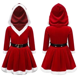 Girls Santa Claus Red Velvet Hoodie Dress Xmas Christmas Cosplay Fancy Dress Up - Picture 1 of 18