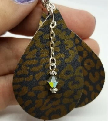 Бронзовый леопард печать каплевидной формы кожаные серьги с кристаллами Swarovski - Изображение 1 из 4