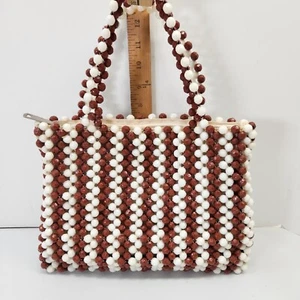 Vintage Acrylic Beaded Brown & White Stripe Hand Bag Zip Purse Made In Hong Kong - Picture 1 of 12