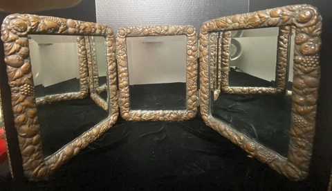 Antique Bronze/ Brass And Silver Back Ornate Tri-Fold Mirror w/ Beveled Glass Cover