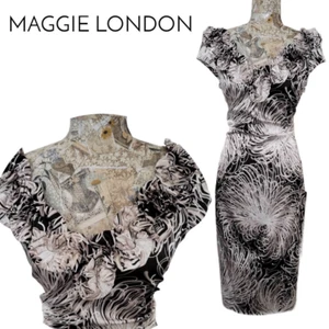 Maggie London NEW Neutral Black & White Tight Hugging Ruffled Top V Neck Dress - Picture 1 of 11