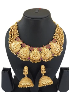 South Indian Temple Jewelry Bollywood Choker Necklace Set Ethnic Gold Plated Set - Picture 1 of 1