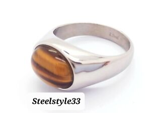 WOMEN'S MEN'S SILVER RING WITH TIGER'S EYE NATURAL GEMSTONE &STAINLESS STEEL