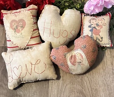 NEW Set Of 5 Handmade Heart Pillows Vintage Antique Style Tucks Valentine’s Day - Image 1 of 4