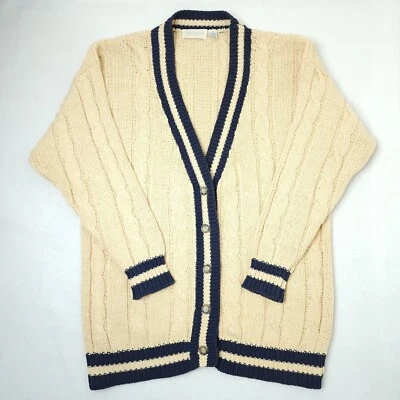 Vintage Chequers Fisherman Cable Knit Cardigan Womens Large Linen Blend Sweater - Image 1 of 4