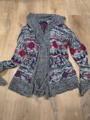 ROXY женщин Aztec геометрический Fair Isle с капюшоном открытый кардиган свитер вязаный серый... - Изображение 1 из 4