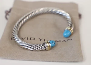 David Yurman Sterling Silver 7mm Cable Bracelet Turquoise & 14k Gold size Medium - Picture 1 of 6
