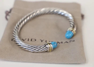 David Yurman Sterling Silver 7mm Cable Bracelet Turquoise & 14k Gold size Medium - Image 1 of 4