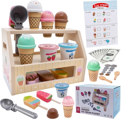 Gelateria in Legno, 39 PCS Giocattolo per Bambini, Set Giocattolo Con Accessori  - Immagine 1 di 4