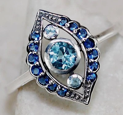 Anillo Art Deco de Plata de Ley 925 Aguamarina Natural y Zafiro de 1 quilate Talla 6 F6-4 Foto 1 de 2