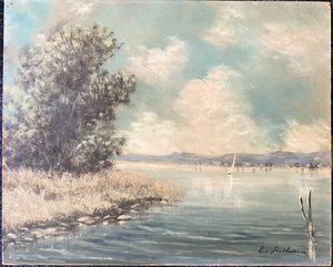 ::E HINKELMANN PINTURA AL ÓLEO VISTA DE UN LAGO CON VELERO ÁRBOLES MONTAÑAS - Imagen 1 de 7