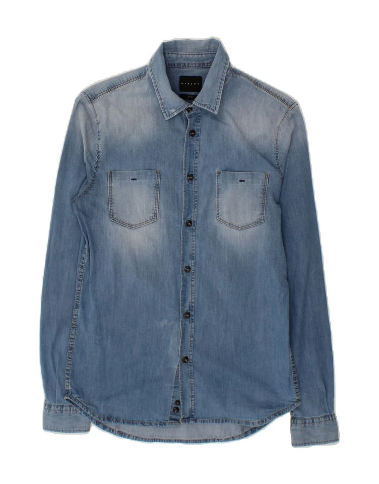 Camisa de mezclilla SISLEY para hombre ajustada pequeña azul algodón CH02 Foto 1 de 3