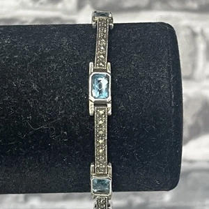 Sterling Silver Marcasite Blue Quartz Link Bracelet Size 7'' - Picture 1 of 8