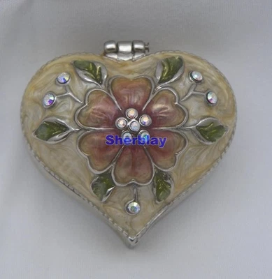 Vtg MONET Guilloche Enamel Pink Flower Heart Trinket Box Rhinestone Hinged - Image 1 of 4