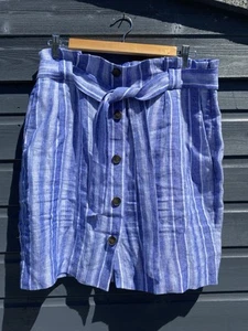 H&M Ladies Skirt Blue Stripe Mini Style Uk16 Belted Buttoned 95% Linen Summer - Picture 1 of 13
