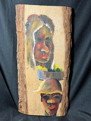VTG Original Artist Signed Portrait Painting on Wood Board Black Man Woman Fruit - Image 1 of 4