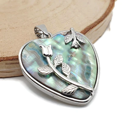 Necklace Large Paua Heart Pendant Leather Collar Natural Rainbow Abalone Shell - Image 1 of 4