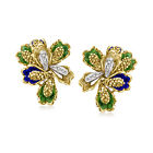 Vint 18K Gold Floral Earrings W Multi Enam &