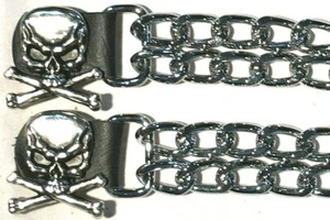 2 SKULL & CROSS BONES DIAMOND CUT CHROME CHAIN MOTORCYCLE VEST EXTENDERS USA - Picture 1 of 2