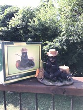 NIB BLACK BEAR and CUB Tea-Lite Candle Holder 7x8” Resin Bears Fishing Figurine
