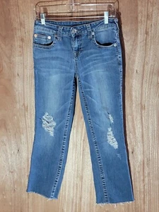 true religion jeans girls size 14 straight cropped distressed stretch denim blue - Picture 1 of 12