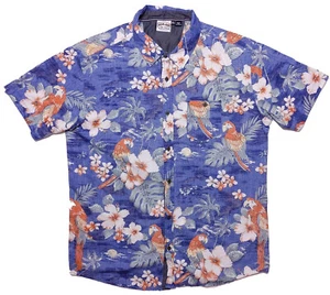 RON JON SURF SHOP Short Sleeve Hawaiian Shirt Blue Floral Parrot Macaw Large L - Picture 1 of 7