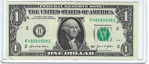 RARE Almost Uncirculated $1 Fancy One 2021 Dollar Bill Note TRINARY B48080008E - Picture 1 of 3