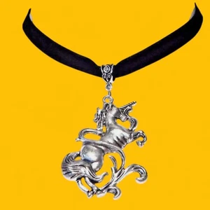 BLACK VELVET SILVER UNICORN CHOKER mythical fantasy horse gothic necklace U1 - Picture 1 of 4