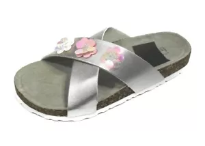 Kids Girls Children Silver Flower Flat Summer Holiday Beach Strap Sandal Shoes - Picture 1 of 12