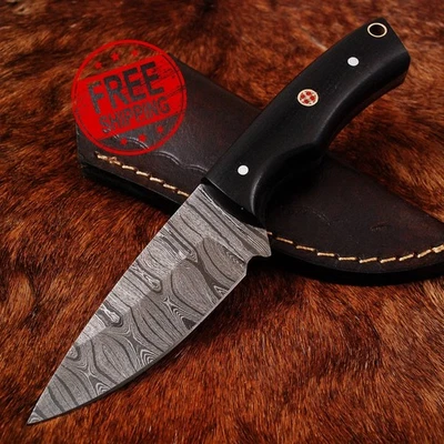 Cuchillo EDC afilado desollador de caza/camping de acero Damasco hecho a mano de 7"" con funda Foto 1 de 4