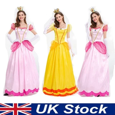 Peach Princess Dress Woman's Super Mario Cosplay Costume Sweet Carnival Party UK