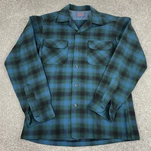 Pendleton Board Shirt Mens S Loop Collar Vintage Wool Green Blue Plaid 60s 70s - Picture 1 of 12