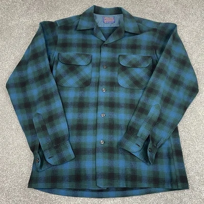 Pendleton Board Shirt Mens S Loop Collar Vintage Wool Green Blue Plaid 60s 70s - Image 1 of 4