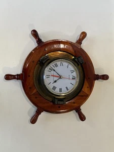 Vintage Heavy Brass Quartz U.S. Maritime Commission Clock w/Wooden Wheel Frame - Picture 1 of 7