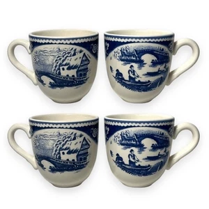 Staffordshire Engravings Blue Wild Rose China 4 pc Coffee Mug Tea Cup Blue White - Picture 1 of 6