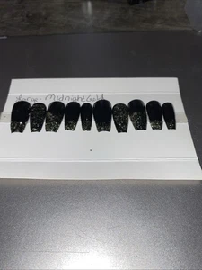 Custom Gel Press on Nails Fake Nails Handmade 10 Stück Set Schwarz Gold Ombre Glitzer - Bild 1 von 3