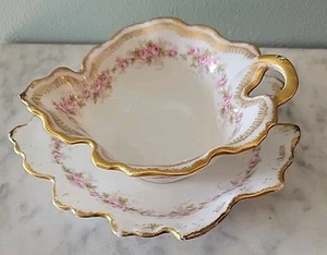 Antike ELITE LIMOGES Frankreich schwere Goldblumen kleine Sauciere mit Unterteller - Bild 1 von 10