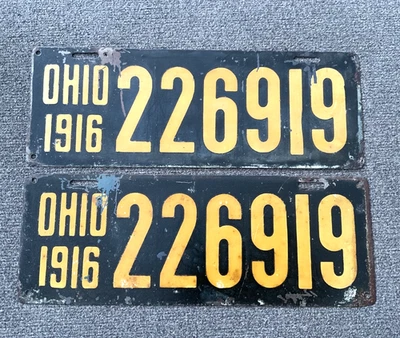 РЕДКИЙ 1916 ОГАЙО НОМЕРНЫЕ ЗНАКИ ПАРА ОРИГИНАЛЬНЫЙ СО СТАРОЙ ПРОЗРАЧНЫЙ ИЗЯЩНАЯ ПАРА - Изображение 1 из 2