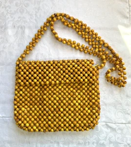 VTG Magid Yellow Wood Beaded Shoulder Cross Body Boho Handbag Purse Beachy NWOT - Picture 1 of 8