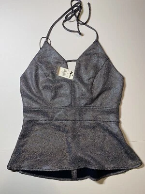 Top halter Express para mujer cuello profundo metálico plateado negro talla 0 nuevo con etiquetas Foto 1 de 4
