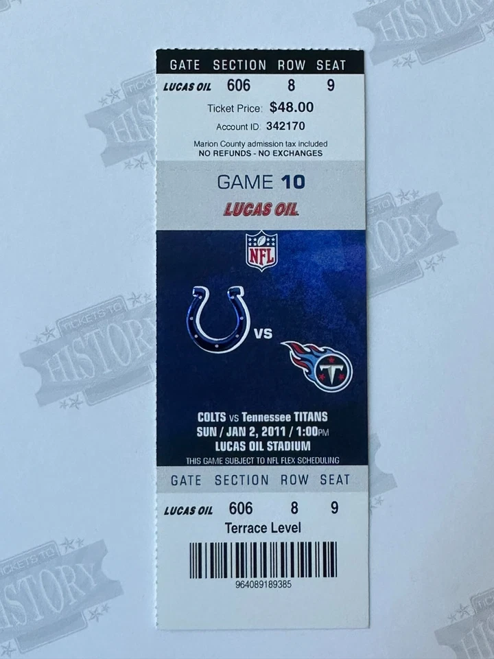 Boleto Titans Colts 2010 1/2/11 Peyton Manning último juego de temporada regular con Indy Foto 1 de 1