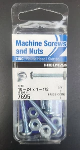 (5 Pack) Hillman 7695 Machine Screw and Nuts, Zinc, 10-24 x 1/2, Round Head, 8pk - Picture 1 of 2